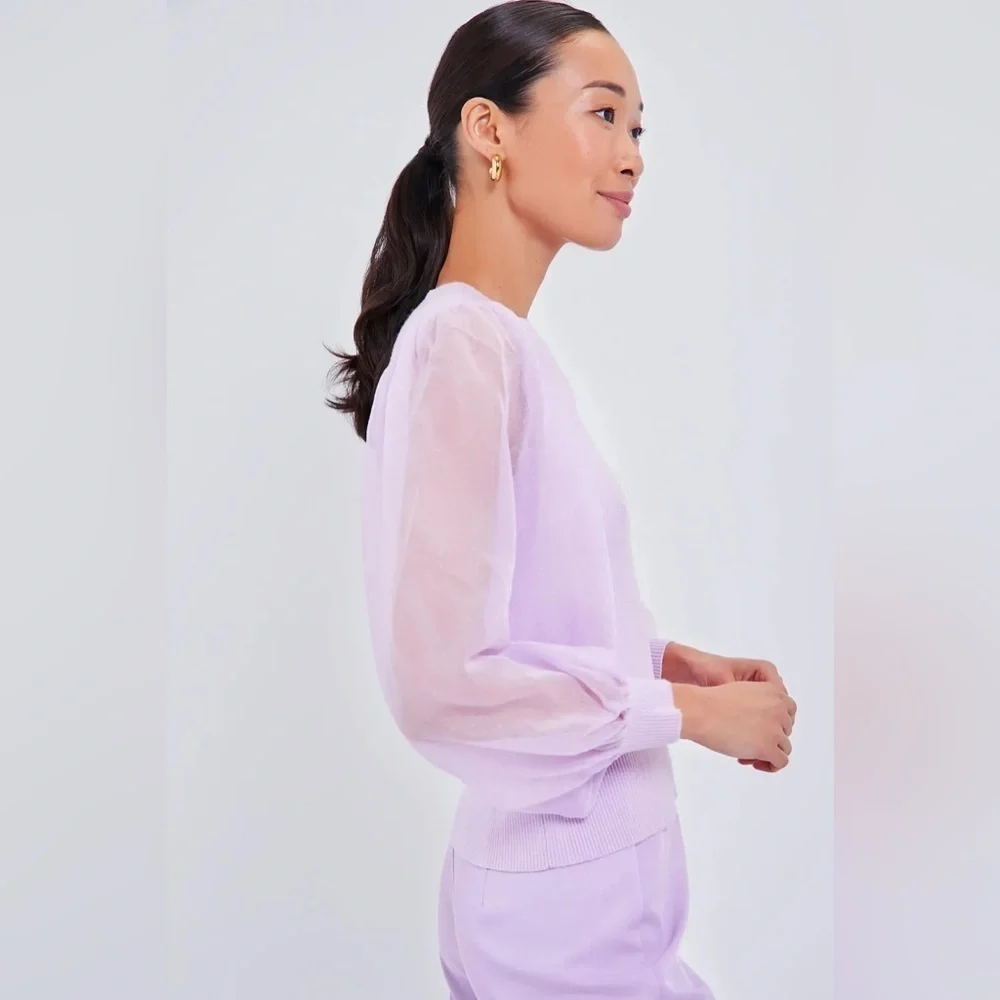 Tuckernuck Betsy Lilac Puff Sleeve Knit Blouse Sheer Sleeve Size S NWT